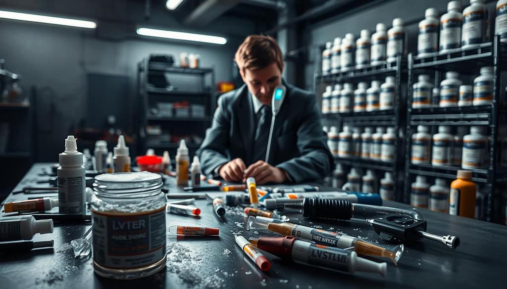 A dimly lit industrial workspace featuring a table strewn with various adhesive samples and application tools, emphasizing the effects of cold weather on their curing process. In the foreground, a close-up of an adhesive jar, frost forming around the lid, suggests the chilly environment. In the middle, a technician in professional business attire carefully examines a test bond, with an infrared thermometer in hand, displaying temperature readings indicating a cold climate. The background reveals racks with more adhesive products, each labeled for "cold weather cure," under soft, diffused lighting to create a focused atmosphere. The overall mood is serious and precise, conveying the importance of perfecting adhesive performance in challenging conditions. A dimly lit industrial workspace featuring a table strewn with various adhesive samples and application tools, emphasizing the effects of cold weather on their curing process. In the foreground, a close-up of an adhesive jar, frost forming around the lid, suggests the chilly environment. In the middle, a technician in professional business attire carefully examines a test bond, with an infrared thermometer in hand, displaying temperature readings indicating a cold climate. The background reveals racks with more adhesive products, each labeled for "cold weather cure," under soft, diffused lighting to create a focused atmosphere. The overall mood is serious and precise, conveying the importance of perfecting adhesive performance in challenging conditions.