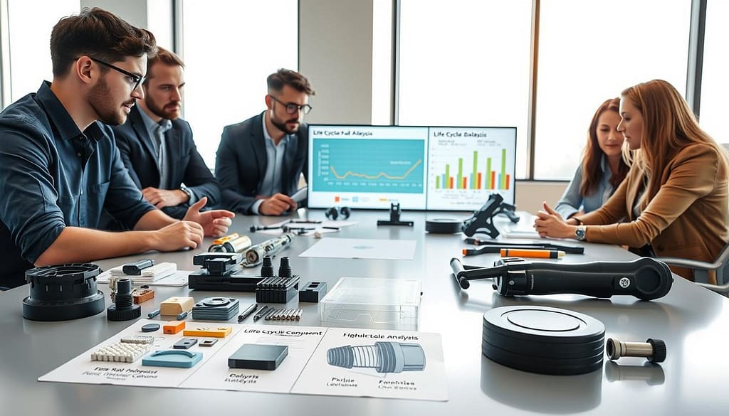 A diverse group of engineers in professional attire examines a variety of sports equipment components laid out on a sleek conference table. The foreground features detailed material samples, such as polymers, composites, and metals, alongside technical diagrams illustrating modular repair options and energy-efficient designs. In the middle ground, a digital display shows life cycle analysis graphs, highlighting reduction levers through material swaps. In the background, a large window allows natural light to stream in, illuminating the workspace with a modern and innovative atmosphere. The scene conveys collaboration and forward-thinking in sustainable engineering practices, emphasizing the importance of thoughtful design in sport equipment’s lifespan. The angle captures the engaged expressions of the engineers as they discuss and develop new ideas. A diverse group of engineers in professional attire examines a variety of sports equipment components laid out on a sleek conference table. The foreground features detailed material samples, such as polymers, composites, and metals, alongside technical diagrams illustrating modular repair options and energy-efficient designs. In the middle ground, a digital display shows life cycle analysis graphs, highlighting reduction levers through material swaps. In the background, a large window allows natural light to stream in, illuminating the workspace with a modern and innovative atmosphere. The scene conveys collaboration and forward-thinking in sustainable engineering practices, emphasizing the importance of thoughtful design in sport equipment’s lifespan. The angle captures the engaged expressions of the engineers as they discuss and develop new ideas.