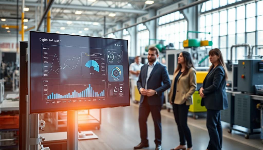 A dynamic manufacturing facility showcasing Digital Twins and a Manufacturing Execution System (MES) for ISO 14001 compliance. In the foreground, a sleek digital interface displays real-time data analytics, overlaid with graphs and metrics optimizing production efficiency and sustainability. The middle ground features a team of diverse professionals in business attire, actively collaborating around a large digital screen. The background reveals a modern production line with eco-friendly machinery and equipment, bathed in natural light filtering through large windows, emphasizing a clean and innovative space. Use a slight tilt-angle perspective to create depth, capturing the energy of a sustainable manufacturing environment. The overall mood is forward-thinking and focused on technological advancement, symbolizing the synergy between digital innovation and responsible manufacturing practices. A dynamic manufacturing facility showcasing Digital Twins and a Manufacturing Execution System (MES) for ISO 14001 compliance. In the foreground, a sleek digital interface displays real-time data analytics, overlaid with graphs and metrics optimizing production efficiency and sustainability. The middle ground features a team of diverse professionals in business attire, actively collaborating around a large digital screen. The background reveals a modern production line with eco-friendly machinery and equipment, bathed in natural light filtering through large windows, emphasizing a clean and innovative space. Use a slight tilt-angle perspective to create depth, capturing the energy of a sustainable manufacturing environment. The overall mood is forward-thinking and focused on technological advancement, symbolizing the synergy between digital innovation and responsible manufacturing practices.