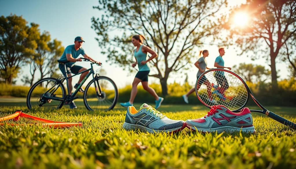 A dynamic sports scene showcasing various eco-friendly materials used in sports equipment. In the foreground, a range of vividly colored sports gear made from recycled, bio-based, and rapidly renewable materials—like a bicycle frame, running shoes, and a tennis racket—displayed on a soft grass surface. The middle ground features athletes in professional sports attire, engaging actively with the eco-friendly equipment, highlighting performance and sustainability. The background captures a serene outdoor environment, with trees and natural elements symbolizing low-impact minerals. Natural sunlight bathes the scene in a warm, inviting glow, emphasizing eco-consciousness and innovation. A wide-angle lens captures the breadth of this sustainable athletic landscape, creating an uplifting and inspiring atmosphere. A dynamic sports scene showcasing various eco-friendly materials used in sports equipment. In the foreground, a range of vividly colored sports gear made from recycled, bio-based, and rapidly renewable materials—like a bicycle frame, running shoes, and a tennis racket—displayed on a soft grass surface. The middle ground features athletes in professional sports attire, engaging actively with the eco-friendly equipment, highlighting performance and sustainability. The background captures a serene outdoor environment, with trees and natural elements symbolizing low-impact minerals. Natural sunlight bathes the scene in a warm, inviting glow, emphasizing eco-consciousness and innovation. A wide-angle lens captures the breadth of this sustainable athletic landscape, creating an uplifting and inspiring atmosphere.