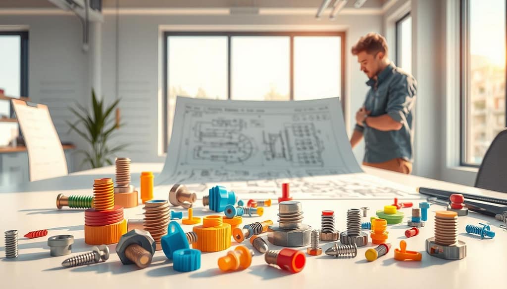 A highly detailed illustration of a modern workspace focused on "design for repair and fasteners." In the foreground, showcase an array of innovative fasteners, such as threaded screws, clips, and adhesives, artfully arranged on a sleek worktable. Vibrant colors and materials should depict sustainability; consider recycled plastics and eco-friendly metal finishes. The middle ground features an open design blueprint highlighting the hierarchy of components for disassembly, with annotations on service access points. In the background, soft natural lighting streams in through large windows, setting a calm and focused atmosphere. A professional designer, dressed in smart casual attire, thoughtfully examines the plans, enhancing the sense of collaboration in product development. Aim for a clean, organized look emphasizing innovation in sports product design. A highly detailed illustration of a modern workspace focused on "design for repair and fasteners." In the foreground, showcase an array of innovative fasteners, such as threaded screws, clips, and adhesives, artfully arranged on a sleek worktable. Vibrant colors and materials should depict sustainability; consider recycled plastics and eco-friendly metal finishes. The middle ground features an open design blueprint highlighting the hierarchy of components for disassembly, with annotations on service access points. In the background, soft natural lighting streams in through large windows, setting a calm and focused atmosphere. A professional designer, dressed in smart casual attire, thoughtfully examines the plans, enhancing the sense of collaboration in product development. Aim for a clean, organized look emphasizing innovation in sports product design.