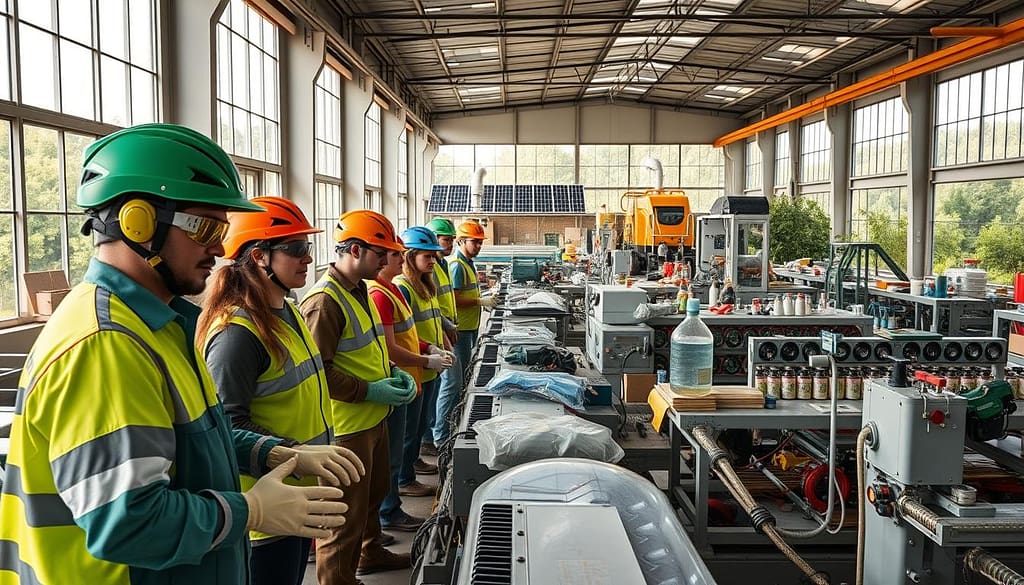 A modern manufacturing facility dedicated to green practices, emphasizing worker safety and sustainability. In the foreground, a diverse group of workers in professional safety gear, including helmets, gloves, and goggles, are engaged with eco-friendly materials and machinery designed for producing sustainable sports equipment. In the middle, various eco-conscious manufacturing processes and green chemistry practices are visible, such as chemical substitution workshops and proper ventilation systems, creating a clean and safe environment. In the background, large windows allow natural light to flood the space, showcasing solar panels on the roof and abundant greenery outside. The atmosphere is vibrant and positive, reflecting a commitment to innovation and environmental stewardship, captured with a wide-angle lens for depth, warm ambient lighting to suggest a productive workday. A modern manufacturing facility dedicated to green practices, emphasizing worker safety and sustainability. In the foreground, a diverse group of workers in professional safety gear, including helmets, gloves, and goggles, are engaged with eco-friendly materials and machinery designed for producing sustainable sports equipment. In the middle, various eco-conscious manufacturing processes and green chemistry practices are visible, such as chemical substitution workshops and proper ventilation systems, creating a clean and safe environment. In the background, large windows allow natural light to flood the space, showcasing solar panels on the roof and abundant greenery outside. The atmosphere is vibrant and positive, reflecting a commitment to innovation and environmental stewardship, captured with a wide-angle lens for depth, warm ambient lighting to suggest a productive workday.