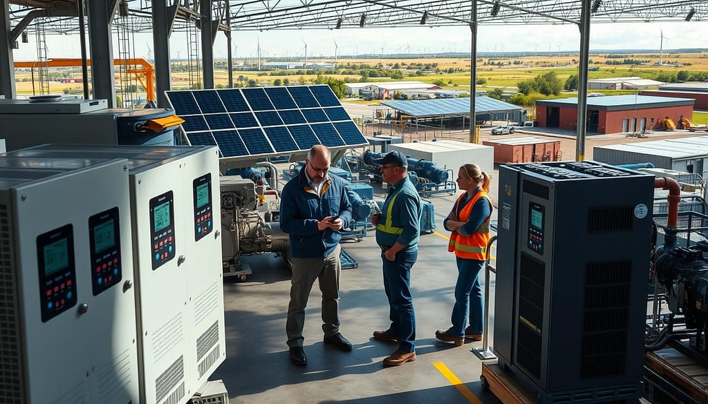 A modern manufacturing facility focused on sustainable energy projects. In the foreground, several large Variable Frequency Drives (VFDs) are prominently displayed, showcasing their digital interfaces. In the middle ground, engineers in professional attire analyze a heat recovery system next to machinery, while another team inspects utilities for compressed air leaks. Solar panels can be seen on the roof, glistening under natural sunlight. The background reveals a landscape of wind turbines and a distant warehouse, illustrating eco-friendly practices. The lighting is bright and inviting, with a warm glow emphasizing a sense of innovation and teamwork. The overall atmosphere is progressive and industrious, reflecting a commitment to optimized energy usage in manufacturing sports equipment. A modern manufacturing facility focused on sustainable energy projects. In the foreground, several large Variable Frequency Drives (VFDs) are prominently displayed, showcasing their digital interfaces. In the middle ground, engineers in professional attire analyze a heat recovery system next to machinery, while another team inspects utilities for compressed air leaks. Solar panels can be seen on the roof, glistening under natural sunlight. The background reveals a landscape of wind turbines and a distant warehouse, illustrating eco-friendly practices. The lighting is bright and inviting, with a warm glow emphasizing a sense of innovation and teamwork. The overall atmosphere is progressive and industrious, reflecting a commitment to optimized energy usage in manufacturing sports equipment.