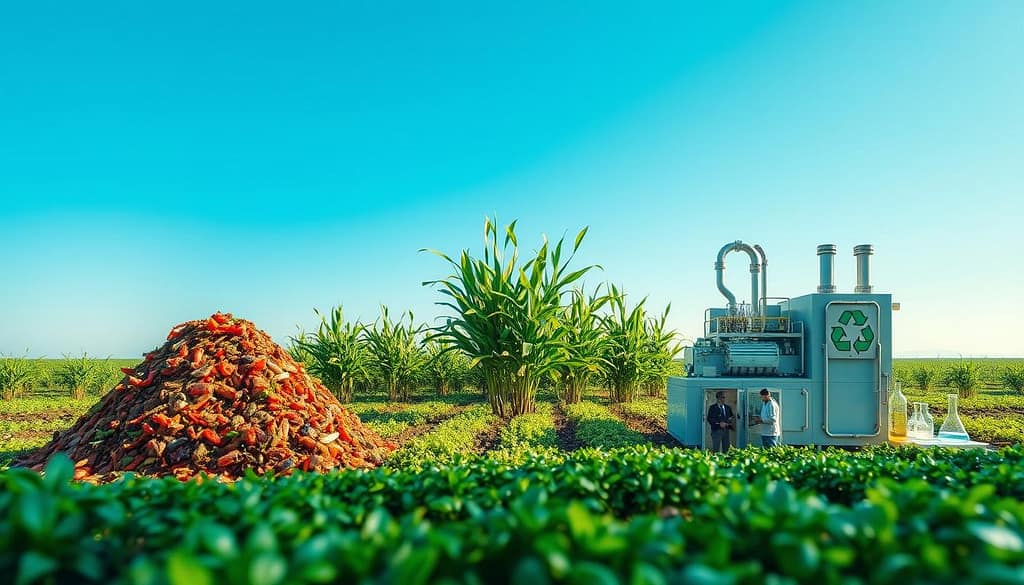 A visually striking composition showcasing the end-of-life options for bioplastics. In the foreground, feature three distinct pathways: a vibrant compost pile symbolizing natural decomposition, a mechanical recycling facility with workers in professional attire actively processing bioplastics, and a laboratory setting illustrating chemical recycling methods with beakers and scientific equipment. In the middle ground, depict lush greenery to contrast the bioplastics, emphasizing their bio-based origins. The background should fade into a blue-skied horizon, representing sustainability and innovation. Use natural lighting to create a hopeful atmosphere, with soft shadows enhancing the depth. Capture the scene with a wide-angle lens to encompass all elements harmoniously, ensuring clarity and focus on each recycling option. A visually striking composition showcasing the end-of-life options for bioplastics. In the foreground, feature three distinct pathways: a vibrant compost pile symbolizing natural decomposition, a mechanical recycling facility with workers in professional attire actively processing bioplastics, and a laboratory setting illustrating chemical recycling methods with beakers and scientific equipment. In the middle ground, depict lush greenery to contrast the bioplastics, emphasizing their bio-based origins. The background should fade into a blue-skied horizon, representing sustainability and innovation. Use natural lighting to create a hopeful atmosphere, with soft shadows enhancing the depth. Capture the scene with a wide-angle lens to encompass all elements harmoniously, ensuring clarity and focus on each recycling option.