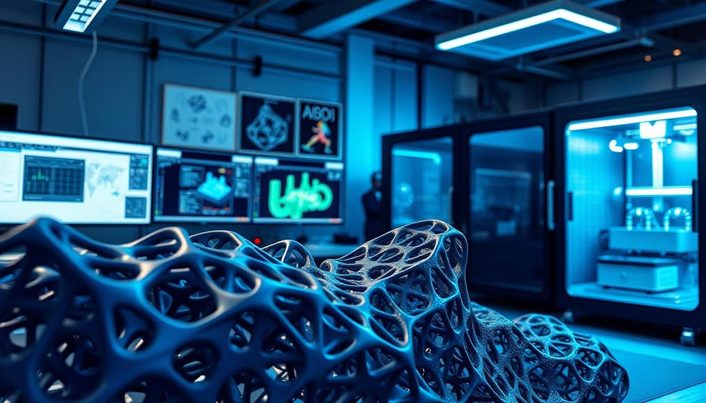 A visually striking depiction of topology optimization for additive manufacturing, showcasing a high-tech 3D lattice structure designed for energy absorption. In the foreground, a dynamic collection of intricate lattice forms, demonstrating varying cell shapes and sizes interwoven artistically. The middle ground features a sophisticated workspace with precise CAD software interfaces, technical schematics, and digital displays illustrating simulation results. In the background, soft focused, an advanced 3D printer working with recycled powders, illuminated by cool blue lighting to enhance a futuristic atmosphere. This scene conveys innovation and engineering excellence, with a mood of exploration and creativity in the realm of sports prototyping. The camera angle captures both the lattice detail and the workspace environment, providing depth and an immersive view of the design process. A visually striking depiction of topology optimization for additive manufacturing, showcasing a high-tech 3D lattice structure designed for energy absorption. In the foreground, a dynamic collection of intricate lattice forms, demonstrating varying cell shapes and sizes interwoven artistically. The middle ground features a sophisticated workspace with precise CAD software interfaces, technical schematics, and digital displays illustrating simulation results. In the background, soft focused, an advanced 3D printer working with recycled powders, illuminated by cool blue lighting to enhance a futuristic atmosphere. This scene conveys innovation and engineering excellence, with a mood of exploration and creativity in the realm of sports prototyping. The camera angle captures both the lattice detail and the workspace environment, providing depth and an immersive view of the design process.