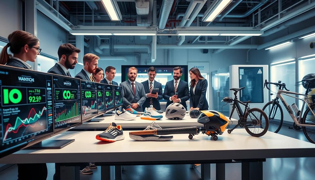 In a high-tech laboratory setting, a diverse group of engineers in professional attire are focused on analyzing sports equipment models, including a skateboard, running shoes, a baseball bat, a helmet, synthetic textiles, and a racing bike. The foreground features detailed computer screens with graphical CO2e calculations, highlighting lifecycle analysis data in vibrant colors. In the middle, various sports equipment is arranged artistically on sleek tables, showcasing their design and materials. The background reveals cutting-edge machinery and energy-efficient systems, accentuated by soft, ambient lighting that casts a professional and innovative atmosphere. The camera angle captures both the intricate details of the equipment and the concentration of the engineers as they collaborate on sustainable design solutions. In a high-tech laboratory setting, a diverse group of engineers in professional attire are focused on analyzing sports equipment models, including a skateboard, running shoes, a baseball bat, a helmet, synthetic textiles, and a racing bike. The foreground features detailed computer screens with graphical CO2e calculations, highlighting lifecycle analysis data in vibrant colors. In the middle, various sports equipment is arranged artistically on sleek tables, showcasing their design and materials. The background reveals cutting-edge machinery and energy-efficient systems, accentuated by soft, ambient lighting that casts a professional and innovative atmosphere. The camera angle captures both the intricate details of the equipment and the concentration of the engineers as they collaborate on sustainable design solutions.