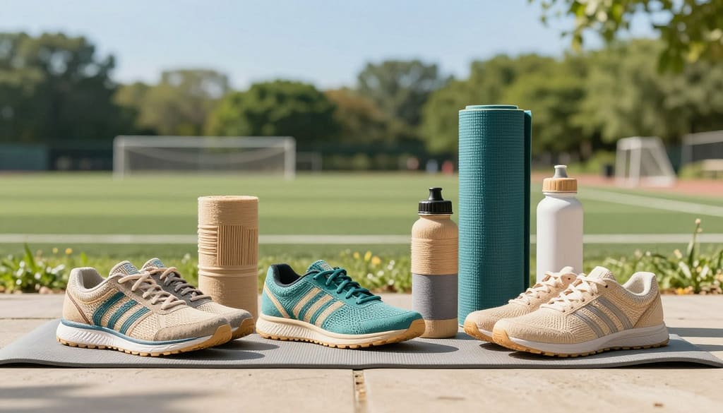 A collection of eco-friendly sports materials is arranged artistically in the foreground, showcasing a variety of innovative designs made from bio-based and recycled materials. Each item, including a pair of athletic shoes, a yoga mat, and a water bottle, is crafted from natural fibers and plastics, displaying vibrant colors and textures. In the middle ground, a blurred athletic field can be seen, symbolizing a sustainable sports environment. The background features lush greenery and a bright blue sky, suggesting a harmonious connection between nature and sports. Soft, natural sunlight bathes the scene, creating warm highlights and shadows that enhance the eco-friendly theme. The overall mood is inspirational and forward-thinking, inviting viewers to embrace sustainable choices in sports equipment. A collection of eco-friendly sports materials is arranged artistically in the foreground, showcasing a variety of innovative designs made from bio-based and recycled materials. Each item, including a pair of athletic shoes, a yoga mat, and a water bottle, is crafted from natural fibers and plastics, displaying vibrant colors and textures. In the middle ground, a blurred athletic field can be seen, symbolizing a sustainable sports environment. The background features lush greenery and a bright blue sky, suggesting a harmonious connection between nature and sports. Soft, natural sunlight bathes the scene, creating warm highlights and shadows that enhance the eco-friendly theme. The overall mood is inspirational and forward-thinking, inviting viewers to embrace sustainable choices in sports equipment.