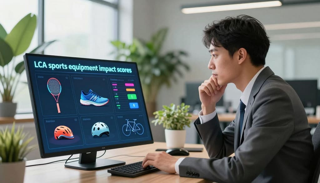 A creative and visually engaging illustration capturing the concept of "LCA sports equipment impact scores." In the foreground, a sleek digital dashboard showcases various sports gear, such as a tennis racket, running shoes, and a bicycle helmet, each accompanied by colorful impact score indicators. In the middle, an individual in professional attire studies the dashboard, their expression focused and thoughtful, symbolizing analysis and decision-making. The background features a modern, eco-friendly office environment with green plants and large windows allowing soft, natural light to filter in, creating an upbeat and inspiring atmosphere. The angle is slightly elevated, offering a panoramic view that emphasizes the importance of sustainability in sports equipment. The overall mood is one of innovation and responsibility, highlighting the significance of environmental impact in sports gear. A creative and visually engaging illustration capturing the concept of "LCA sports equipment impact scores." In the foreground, a sleek digital dashboard showcases various sports gear, such as a tennis racket, running shoes, and a bicycle helmet, each accompanied by colorful impact score indicators. In the middle, an individual in professional attire studies the dashboard, their expression focused and thoughtful, symbolizing analysis and decision-making. The background features a modern, eco-friendly office environment with green plants and large windows allowing soft, natural light to filter in, creating an upbeat and inspiring atmosphere. The angle is slightly elevated, offering a panoramic view that emphasizes the importance of sustainability in sports equipment. The overall mood is one of innovation and responsibility, highlighting the significance of environmental impact in sports gear.