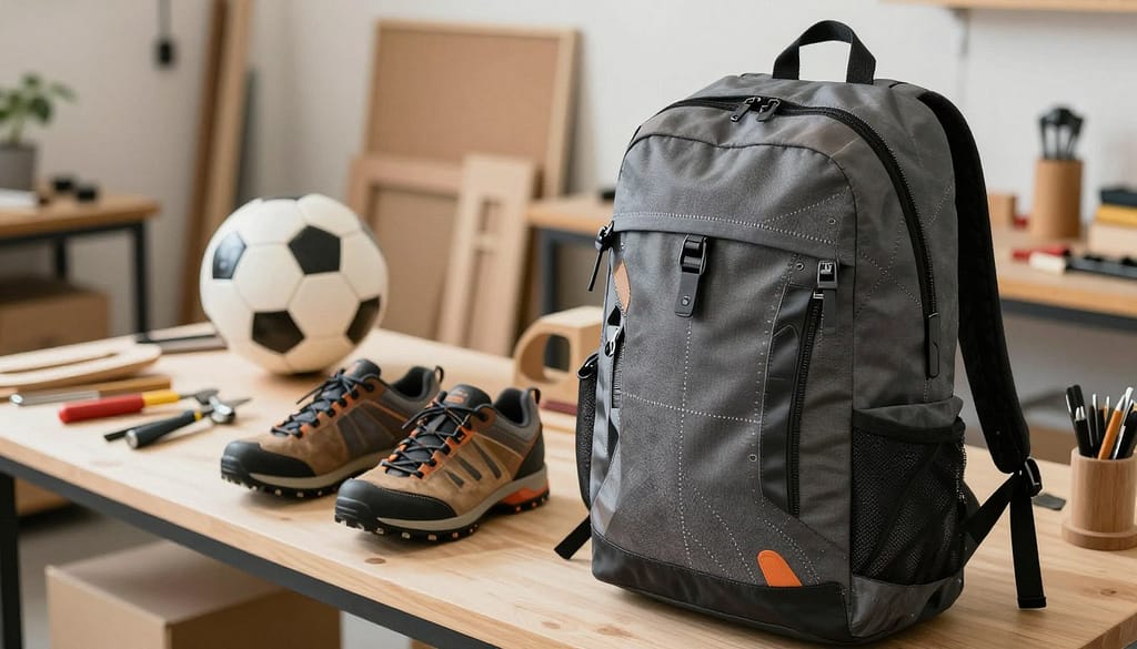 A creative workspace showcasing upcycled sports gear, prominently featuring a sleek, eco-friendly backpack made from repurposed materials, detailed with technical stitching and sustainable fabric textures in the foreground. In the middle ground, display a variety of innovative sports equipment, like a soccer ball and hiking shoes, all crafted from recycled materials, emphasizing durability and performance. The background should capture a well-lit workshop environment, filled with tools and upcycling projects, hinting at the innovative processes involved. Use soft, natural lighting to create a warm atmosphere, and photograph from a slightly elevated angle to capture all layers effectively. The mood should be inspiring, highlighting the ingenuity and technical challenges of upcycling in sports. A creative workspace showcasing upcycled sports gear, prominently featuring a sleek, eco-friendly backpack made from repurposed materials, detailed with technical stitching and sustainable fabric textures in the foreground. In the middle ground, display a variety of innovative sports equipment, like a soccer ball and hiking shoes, all crafted from recycled materials, emphasizing durability and performance. The background should capture a well-lit workshop environment, filled with tools and upcycling projects, hinting at the innovative processes involved. Use soft, natural lighting to create a warm atmosphere, and photograph from a slightly elevated angle to capture all layers effectively. The mood should be inspiring, highlighting the ingenuity and technical challenges of upcycling in sports.