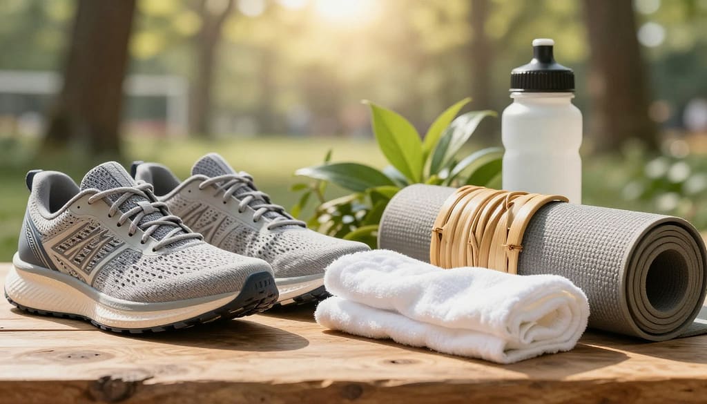 A detailed close-up scene of eco-friendly sports materials, showcasing innovative textures and sustainable designs. In the foreground, a collection of sports equipment made from bamboo, recycled plastics, and organic cotton, including a sleek running shoe, a yoga mat, and a water bottle, all meticulously arranged on a natural wood surface. The middle ground features plants and leaves, symbolizing nature, subtly integrated into the composition. The background displays a soft-focus view of an outdoor sports environment, with sunlight filtering through trees, creating a warm, inviting atmosphere. The lighting is bright and natural, highlighting the materials' textures. The mood conveys a sense of commitment to sustainability and innovation in sports. A detailed close-up scene of eco-friendly sports materials, showcasing innovative textures and sustainable designs. In the foreground, a collection of sports equipment made from bamboo, recycled plastics, and organic cotton, including a sleek running shoe, a yoga mat, and a water bottle, all meticulously arranged on a natural wood surface. The middle ground features plants and leaves, symbolizing nature, subtly integrated into the composition. The background displays a soft-focus view of an outdoor sports environment, with sunlight filtering through trees, creating a warm, inviting atmosphere. The lighting is bright and natural, highlighting the materials' textures. The mood conveys a sense of commitment to sustainability and innovation in sports.