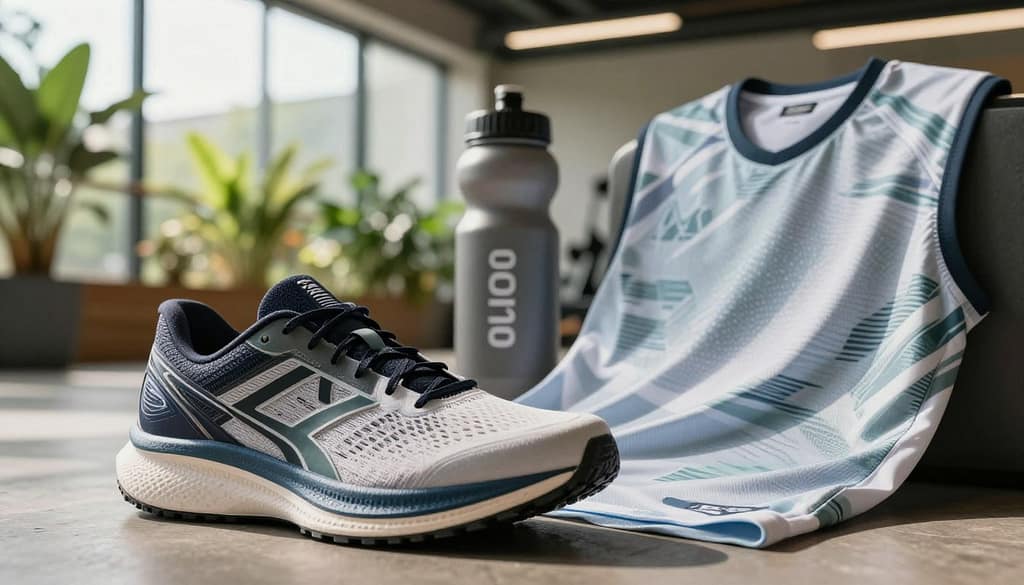 A dynamic close-up of innovative closed-loop sports gear, showcasing a high-performance running shoe and a 100% recycled sports jersey. In the foreground, highlight the shoe's intricate design with a focus on sustainable materials and textures, while the jersey drapes artistically beside it, featuring eco-friendly fabric patterns. The middle ground captures a sleek sports water bottle made from biodegradable materials, arranged against a backdrop of a blurred, modern sports facility filled with green plants. Warm, natural lighting filters through large windows, creating a bright and inspiring atmosphere. The angle is slightly tilted, providing an energetic perspective that emphasizes the circular economy theme in sports technology. A dynamic close-up of innovative closed-loop sports gear, showcasing a high-performance running shoe and a 100% recycled sports jersey. In the foreground, highlight the shoe's intricate design with a focus on sustainable materials and textures, while the jersey drapes artistically beside it, featuring eco-friendly fabric patterns. The middle ground captures a sleek sports water bottle made from biodegradable materials, arranged against a backdrop of a blurred, modern sports facility filled with green plants. Warm, natural lighting filters through large windows, creating a bright and inspiring atmosphere. The angle is slightly tilted, providing an energetic perspective that emphasizes the circular economy theme in sports technology.