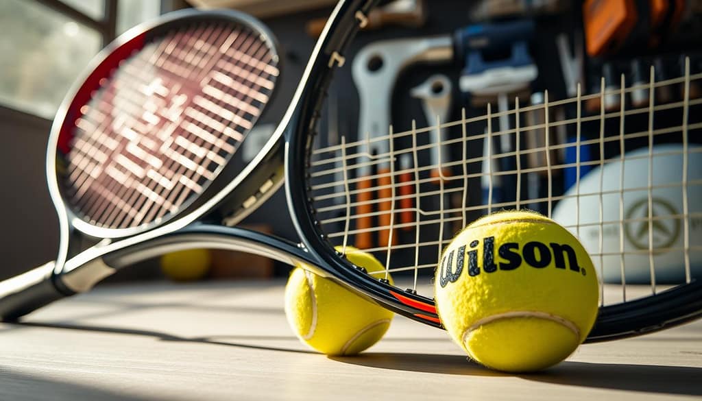 A dynamic composition of innovative Wilson sports technology, showcasing a close-up of a high-performance tennis racket with bio-based strings, creatively integrated with a sustainable Wilson tennis ball beside it. The racket features a sleek, modern design with a solvent-free coating that reflects light subtly, emphasizing its eco-friendly materials. In the background, a well-organized display of repair kits and tools made from recycled materials suggests maintenance and longevity in sports equipment. The scene is bathed in soft, diffused natural light, creating a vibrant yet professional atmosphere, captured at a slightly elevated angle to highlight the details and textures. The mood conveys innovation and sustainability, aligning perfectly with the theme of advanced sports technology. A dynamic composition of innovative Wilson sports technology, showcasing a close-up of a high-performance tennis racket with bio-based strings, creatively integrated with a sustainable Wilson tennis ball beside it. The racket features a sleek, modern design with a solvent-free coating that reflects light subtly, emphasizing its eco-friendly materials. In the background, a well-organized display of repair kits and tools made from recycled materials suggests maintenance and longevity in sports equipment. The scene is bathed in soft, diffused natural light, creating a vibrant yet professional atmosphere, captured at a slightly elevated angle to highlight the details and textures. The mood conveys innovation and sustainability, aligning perfectly with the theme of advanced sports technology.