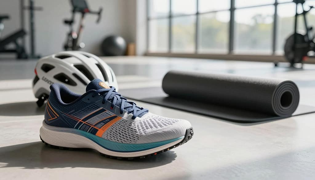 A dynamic display of biopolymer sports gear, highlighting lightweight, sustainable athletic equipment in action. In the foreground, showcase a close-up of a high-performance running shoe made from biopolymers, featuring intricate textures and vibrant colors. In the middle ground, include a well-designed biopolymer-made bicycle helmet and a flexible yoga mat, all set on a smooth, modern athletic surface. The background fades into a minimalist gym environment, softly lit with natural sunlight filtering through large windows, creating a motivating atmosphere. Capture the scene using a wide-angle lens to emphasize the gear's innovative design and versatility, while incorporating an uplifting mood that celebrates strength and sustainability in athletic performance. A dynamic display of biopolymer sports gear, highlighting lightweight, sustainable athletic equipment in action. In the foreground, showcase a close-up of a high-performance running shoe made from biopolymers, featuring intricate textures and vibrant colors. In the middle ground, include a well-designed biopolymer-made bicycle helmet and a flexible yoga mat, all set on a smooth, modern athletic surface. The background fades into a minimalist gym environment, softly lit with natural sunlight filtering through large windows, creating a motivating atmosphere. Capture the scene using a wide-angle lens to emphasize the gear's innovative design and versatility, while incorporating an uplifting mood that celebrates strength and sustainability in athletic performance.