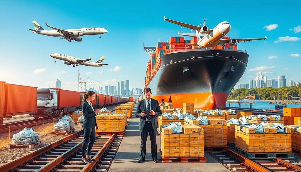 A dynamic scene illustrating the modal shift in freight transportation, featuring a freight train, cargo ship, and airplane, each positioned prominently across the image to showcase their respective roles. In the foreground, a busy logistics hub with professionals in business attire analyzing data on portable devices, surrounded by pallets of sports gear ready for shipment. The middle ground features smooth transitions between rail tracks, water, and airspace, while a city skyline and green spaces hint at urban decarbonization efforts in the background. The lighting is bright and optimistic, suggesting progress and innovation, with a clear blue sky. A wide-angle perspective captures the interconnectedness of these transportation modes, emphasizing their trade-offs and efficiencies without text or annotations. A dynamic scene illustrating the modal shift in freight transportation, featuring a freight train, cargo ship, and airplane, each positioned prominently across the image to showcase their respective roles. In the foreground, a busy logistics hub with professionals in business attire analyzing data on portable devices, surrounded by pallets of sports gear ready for shipment. The middle ground features smooth transitions between rail tracks, water, and airspace, while a city skyline and green spaces hint at urban decarbonization efforts in the background. The lighting is bright and optimistic, suggesting progress and innovation, with a clear blue sky. A wide-angle perspective captures the interconnectedness of these transportation modes, emphasizing their trade-offs and efficiencies without text or annotations.
