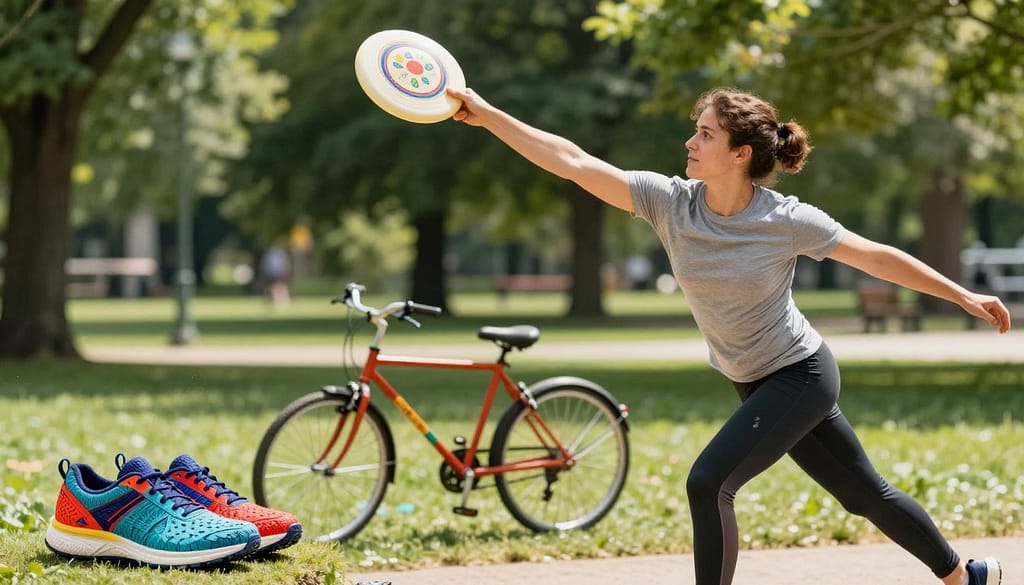 A dynamic scene showcasing an athlete engaging with upcycled sports equipment. In the foreground, a focused athlete in modest casual clothing, such as a fitted tee and athletic leggings, performs a powerful throw using a frisbee made from recycled materials, showing determination and confidence. The middle layer features colorful, innovatively designed sports items like running shoes crafted from upcycled plastics and a bicycle made of reclaimed metals. In the background, a bright, sunlit park with lush greenery frames the scene, emphasizing a sustainable lifestyle. The lighting is natural and vibrant, evoking an inspiring and positive atmosphere. The image should have a slightly elevated angle to capture the energy of the athlete alongside the eco-conscious products, celebrating innovation in sports. A dynamic scene showcasing an athlete engaging with upcycled sports equipment. In the foreground, a focused athlete in modest casual clothing, such as a fitted tee and athletic leggings, performs a powerful throw using a frisbee made from recycled materials, showing determination and confidence. The middle layer features colorful, innovatively designed sports items like running shoes crafted from upcycled plastics and a bicycle made of reclaimed metals. In the background, a bright, sunlit park with lush greenery frames the scene, emphasizing a sustainable lifestyle. The lighting is natural and vibrant, evoking an inspiring and positive atmosphere. The image should have a slightly elevated angle to capture the energy of the athlete alongside the eco-conscious products, celebrating innovation in sports.