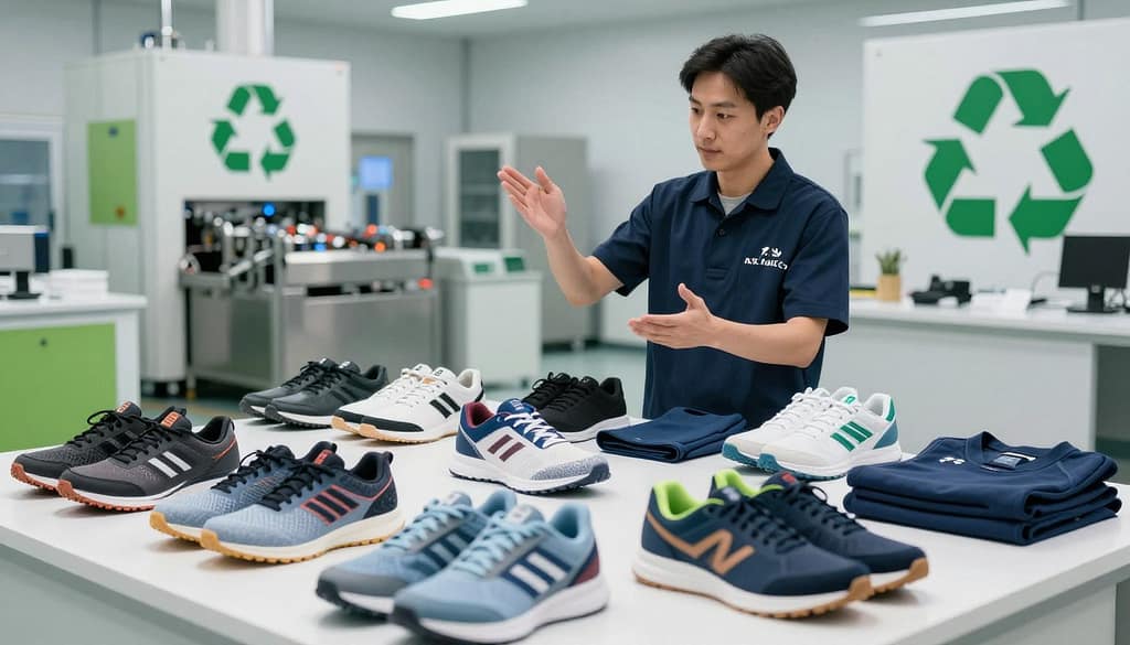A dynamic scene showcasing closed-loop sports gear in a modern setting. In the foreground, a collection of repurposed athletic shoes and apparel, expertly arranged to highlight their innovative designs and eco-friendly materials. The middle ground features a worker in professional attire, examining the gear with an expression of approval, representing the reprocessing stage. The background reveals a clean, high-tech reprocessing facility with recycling symbols and green elements, suggesting a commitment to sustainability. The lighting is bright and energizing, emphasizing the materials’ textures, while soft shadows add depth. The overall mood conveys optimism and advancement in sports technology, reflecting a commitment to a circular economy. A dynamic scene showcasing closed-loop sports gear in a modern setting. In the foreground, a collection of repurposed athletic shoes and apparel, expertly arranged to highlight their innovative designs and eco-friendly materials. The middle ground features a worker in professional attire, examining the gear with an expression of approval, representing the reprocessing stage. The background reveals a clean, high-tech reprocessing facility with recycling symbols and green elements, suggesting a commitment to sustainability. The lighting is bright and energizing, emphasizing the materials’ textures, while soft shadows add depth. The overall mood conveys optimism and advancement in sports technology, reflecting a commitment to a circular economy.