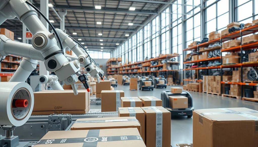 A modern 3PL warehouse filled with advanced automation technology for logistics and packaging. In the foreground, showcase robotic arms efficiently sealing boxes using heat seal technology, contrasting with rolls of tape on the side. In the middle ground, depict a bustling warehouse environment filled with shelves stacked with sports gear like bikes and athletic apparel, with automated guided vehicles transporting goods. The background features large windows allowing natural light to flood the space, accentuating the cleanliness and order of the facility. The overall atmosphere is dynamic and efficient, reflecting innovation in logistics. Use a wide-angle lens to capture the scale and energy of the environment, with bright, even lighting highlighting the technological advancements in the space. A modern 3PL warehouse filled with advanced automation technology for logistics and packaging. In the foreground, showcase robotic arms efficiently sealing boxes using heat seal technology, contrasting with rolls of tape on the side. In the middle ground, depict a bustling warehouse environment filled with shelves stacked with sports gear like bikes and athletic apparel, with automated guided vehicles transporting goods. The background features large windows allowing natural light to flood the space, accentuating the cleanliness and order of the facility. The overall atmosphere is dynamic and efficient, reflecting innovation in logistics. Use a wide-angle lens to capture the scale and energy of the environment, with bright, even lighting highlighting the technological advancements in the space.