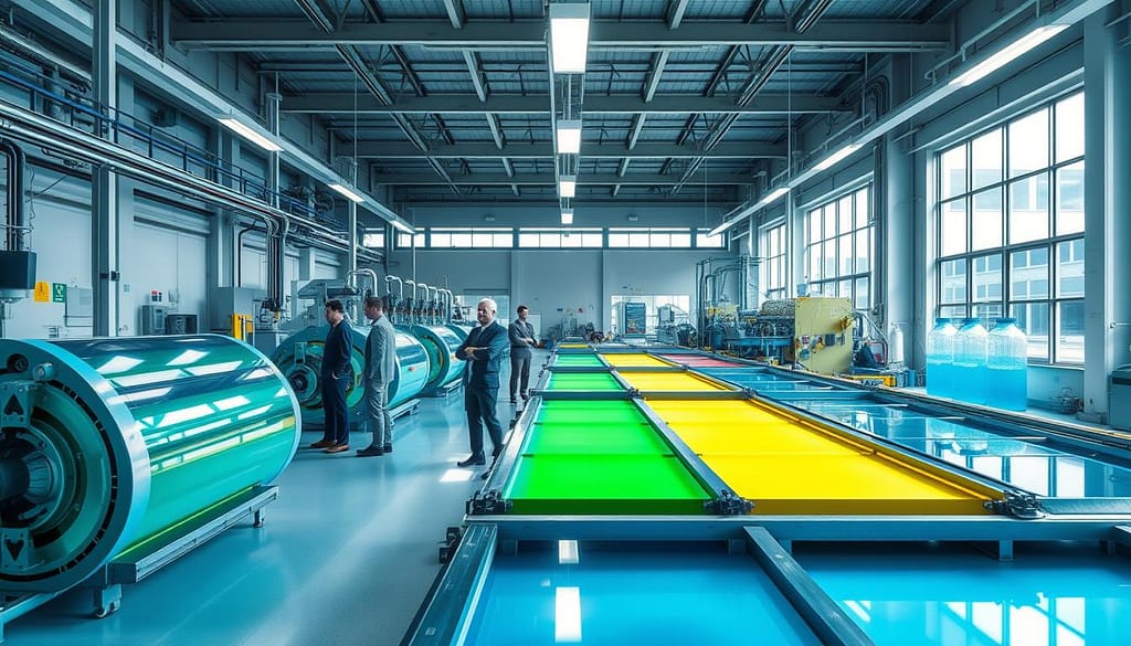A modern adidas factory interior showcasing innovative decarbonization technologies. In the foreground, highlight advanced machinery utilizing renewable heat sources for energy-efficient operations, with engineers in professional attire overseeing the processes. The middle ground features vibrant textile dyeing systems that utilize sustainable methods, such as algae-based dyes, with hues of green and blue. In the background, illustrate a clean, environmentally friendly water treatment system implementing zero liquid discharge, with clear water recycling channels. The atmosphere conveys a sense of innovation and sustainability, with bright, natural lighting filtering through large windows. Use a wide-angle perspective to capture the expansive factory space and the harmony between technology and environmental responsibility. A modern adidas factory interior showcasing innovative decarbonization technologies. In the foreground, highlight advanced machinery utilizing renewable heat sources for energy-efficient operations, with engineers in professional attire overseeing the processes. The middle ground features vibrant textile dyeing systems that utilize sustainable methods, such as algae-based dyes, with hues of green and blue. In the background, illustrate a clean, environmentally friendly water treatment system implementing zero liquid discharge, with clear water recycling channels. The atmosphere conveys a sense of innovation and sustainability, with bright, natural lighting filtering through large windows. Use a wide-angle perspective to capture the expansive factory space and the harmony between technology and environmental responsibility.