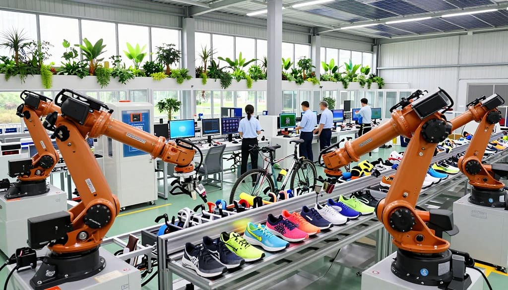A modern eco-manufacturing facility showcasing automation and material optimization in sports equipment production. In the foreground, advanced robotic arms are assembling sports gear with precision, featuring colorful equipment like sneakers and bicycles. The middle ground displays workers in professional attire, monitoring screens and machinery, emphasizing a collaborative approach to sustainability. In the background, large windows allow natural light to flood the space, highlighting green plants integrated into the design and solar panels on the roof. The atmosphere is bright and innovative, reflecting a commitment to sustainability. Use a wide-angle lens to capture the entire scene, ensuring a balance of technology and nature. The lighting should be bright, conveying a sense of positivity and progress in eco-friendly manufacturing. A modern eco-manufacturing facility showcasing automation and material optimization in sports equipment production. In the foreground, advanced robotic arms are assembling sports gear with precision, featuring colorful equipment like sneakers and bicycles. The middle ground displays workers in professional attire, monitoring screens and machinery, emphasizing a collaborative approach to sustainability. In the background, large windows allow natural light to flood the space, highlighting green plants integrated into the design and solar panels on the roof. The atmosphere is bright and innovative, reflecting a commitment to sustainability. Use a wide-angle lens to capture the entire scene, ensuring a balance of technology and nature. The lighting should be bright, conveying a sense of positivity and progress in eco-friendly manufacturing.