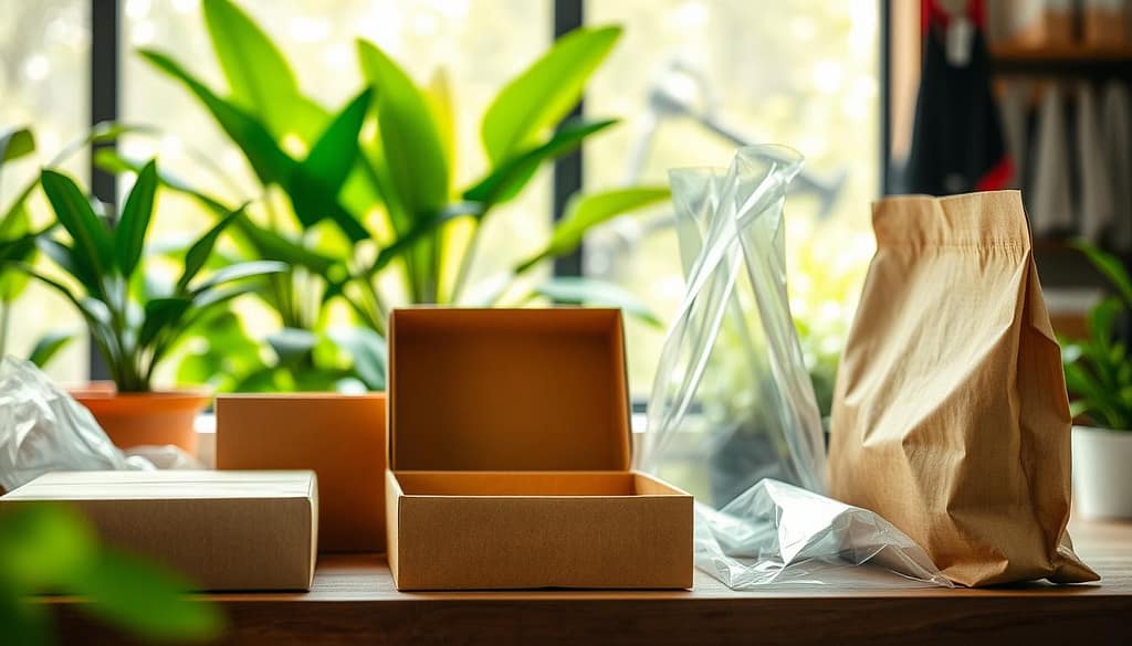 A vibrant display of sustainable packaging materials, featuring FSC paper molded pulp boxes expertly arranged in the foreground, showcasing their organic texture and eco-friendly design. Surrounding them are clear recycled plastic films and mono-material bags, elegantly draping as they emphasize versatility in packaging. The middle ground captures the essence of a green workspace, with natural light filtering through a large window, accentuating the greens of indoor plants and the earthy tones of the materials. In the background, blurred silhouettes of sports gear hint at an active lifestyle, creating an atmosphere of sustainability and innovation. The scene is well-lit, with a shallow depth of field to draw focus to the packaging materials, evoking a sense of eco-conscious progress and a commitment to the environment. A vibrant display of sustainable packaging materials, featuring FSC paper molded pulp boxes expertly arranged in the foreground, showcasing their organic texture and eco-friendly design. Surrounding them are clear recycled plastic films and mono-material bags, elegantly draping as they emphasize versatility in packaging. The middle ground captures the essence of a green workspace, with natural light filtering through a large window, accentuating the greens of indoor plants and the earthy tones of the materials. In the background, blurred silhouettes of sports gear hint at an active lifestyle, creating an atmosphere of sustainability and innovation. The scene is well-lit, with a shallow depth of field to draw focus to the packaging materials, evoking a sense of eco-conscious progress and a commitment to the environment.