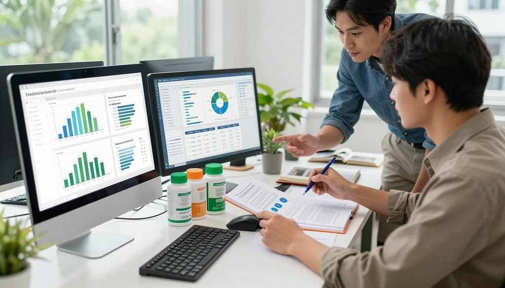 A workspace scene depicting various life cycle analysis tools used for sustainability assessment, focused on sports gear. In the foreground, an sleek, modern computer screen displays graphs and data visualizations related to environmental impact metrics. To the right, a professional, attired in smart casual clothing, is engaged with software, analyzing results and discussing findings with a colleague. The middle ground features a cluttered desk with open books on LCA methodologies, eco-friendly products, and various analytical tools. In the background, a bright window lets in natural light, illuminating greenery outside, adding a fresh atmosphere. The overall mood is collaborative and insightful, showcasing the importance of technology in evaluating environmental consequences. Bright, clear lighting enhances the professional setting with a lens that captures depth and perspective. A workspace scene depicting various life cycle analysis tools used for sustainability assessment, focused on sports gear. In the foreground, an sleek, modern computer screen displays graphs and data visualizations related to environmental impact metrics. To the right, a professional, attired in smart casual clothing, is engaged with software, analyzing results and discussing findings with a colleague. The middle ground features a cluttered desk with open books on LCA methodologies, eco-friendly products, and various analytical tools. In the background, a bright window lets in natural light, illuminating greenery outside, adding a fresh atmosphere. The overall mood is collaborative and insightful, showcasing the importance of technology in evaluating environmental consequences. Bright, clear lighting enhances the professional setting with a lens that captures depth and perspective.