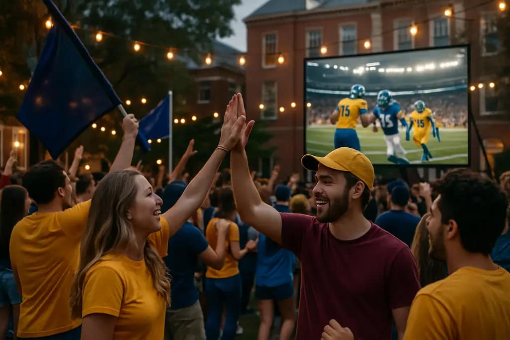 College football kickoff schedule board with stadium lights and travel planning notes