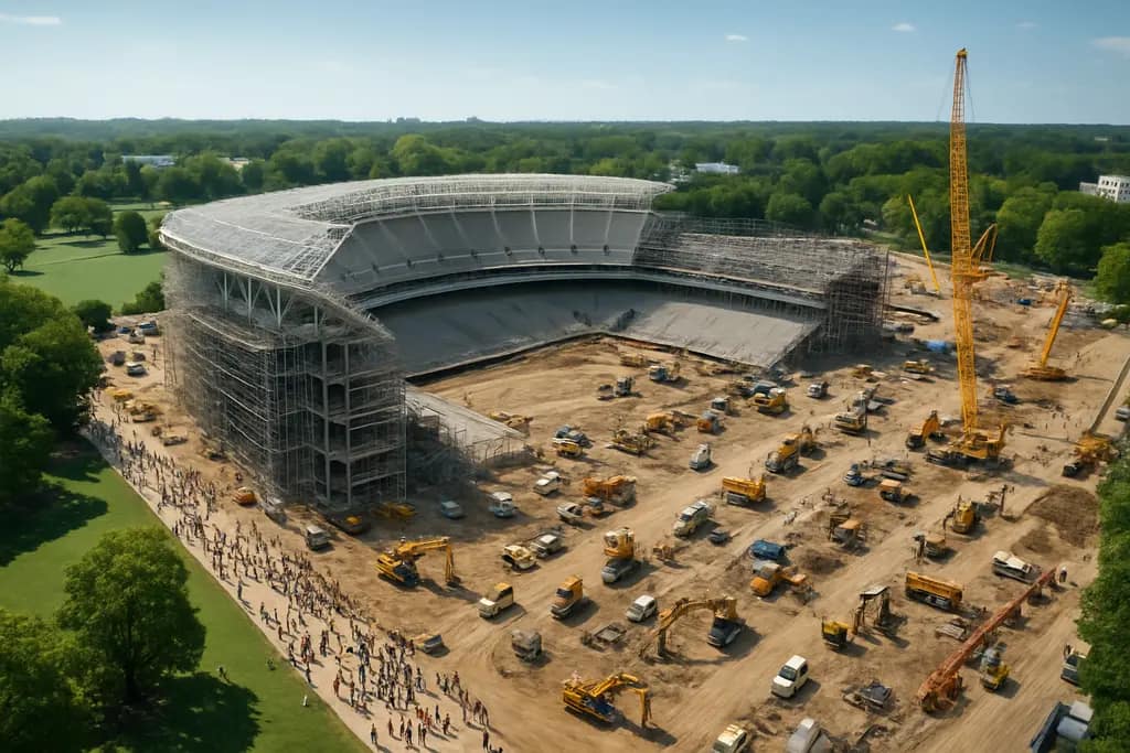 Commanders stadium impact rendering concept with fans entering a modern football district