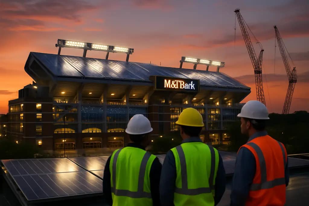 M&T Bank Stadium renovations with solar plaza roofs and fans entering on game day