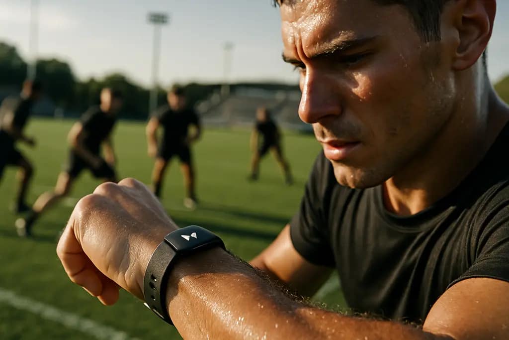 Training camp wearables on athletes during a football practice drill