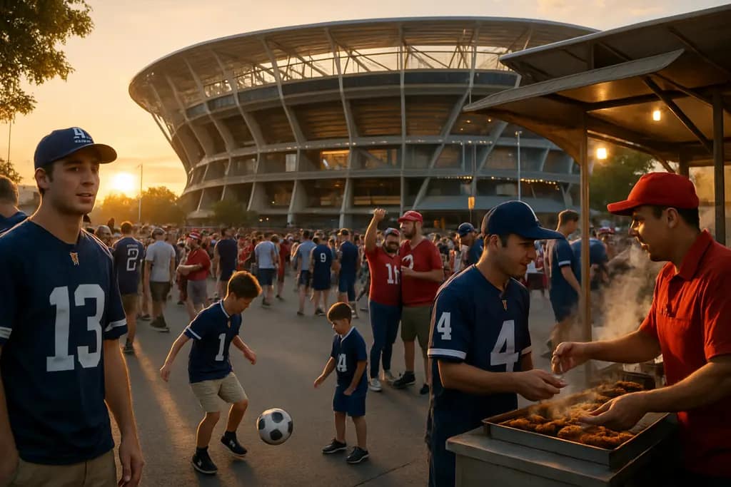 updated sports venues with fans arriving by transit near a modern arena