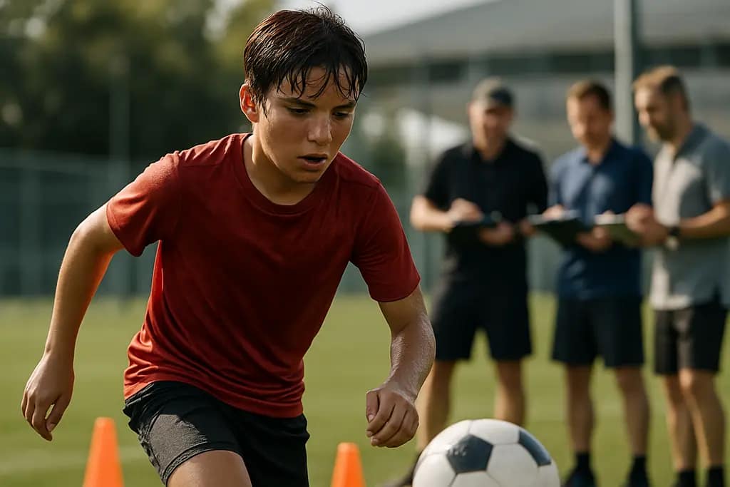 Youth Talent ID scouts watching teenage soccer players during a training session