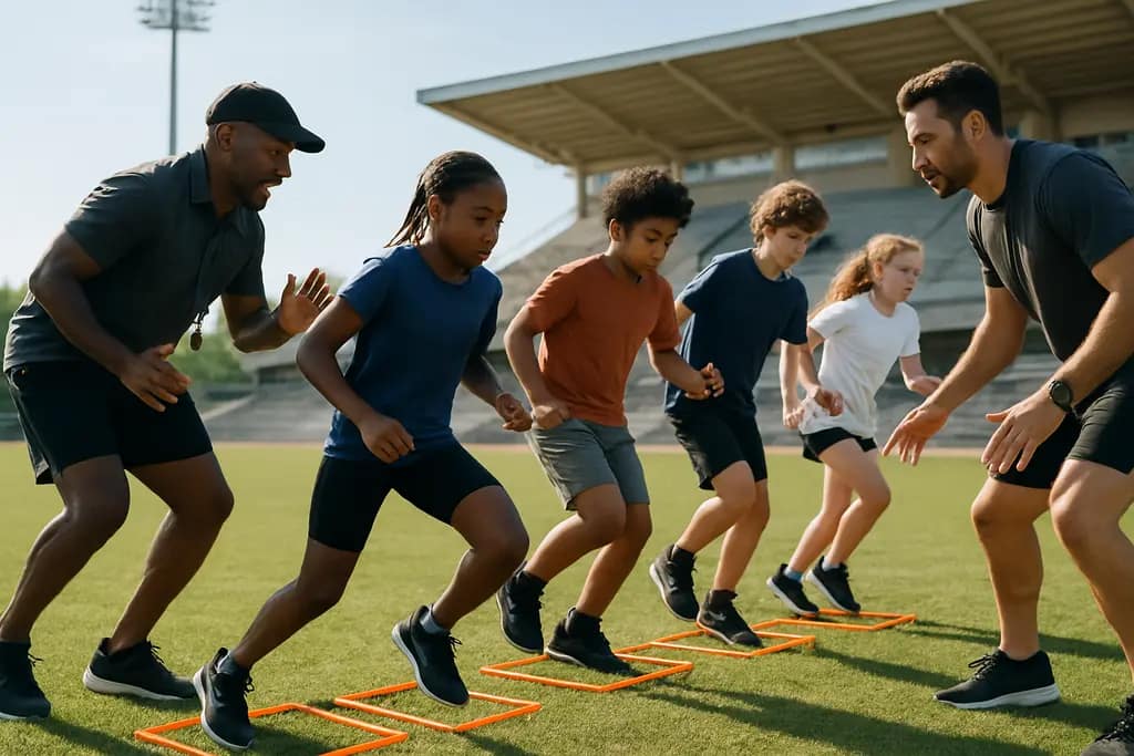 Youth sports initiative practice with coaches organizing shared gear on a community field