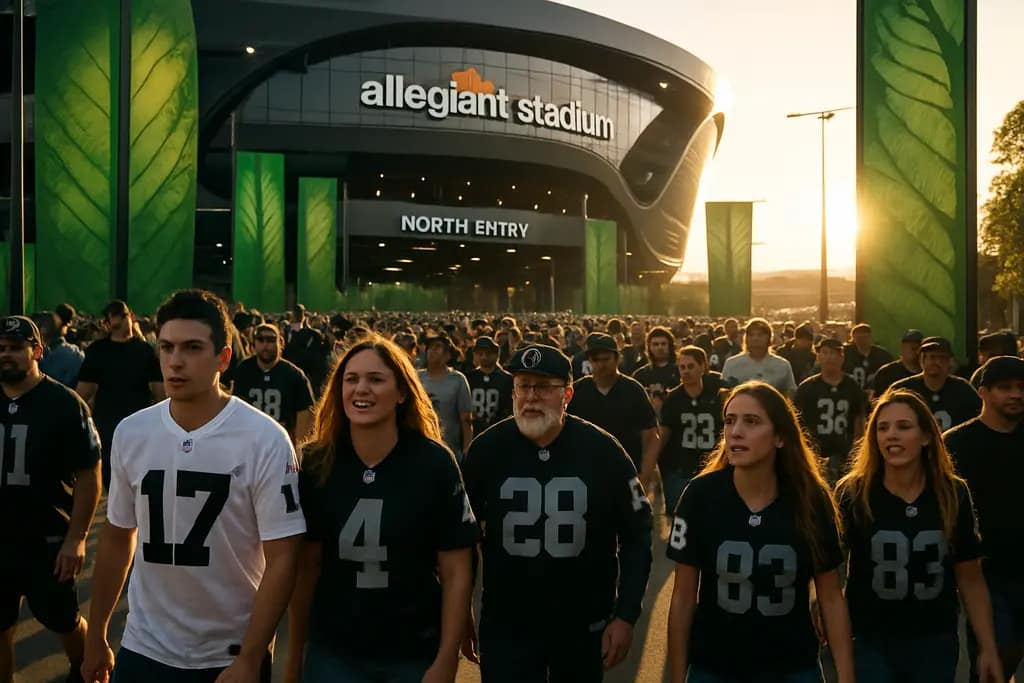 Allegiant Stadium Renovation pedestrian deck concept with fans approaching a shaded entry