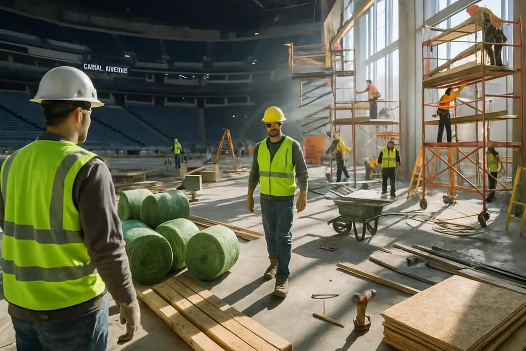 Ball Arena Renovation view with fans entering a modern Denver sports venue