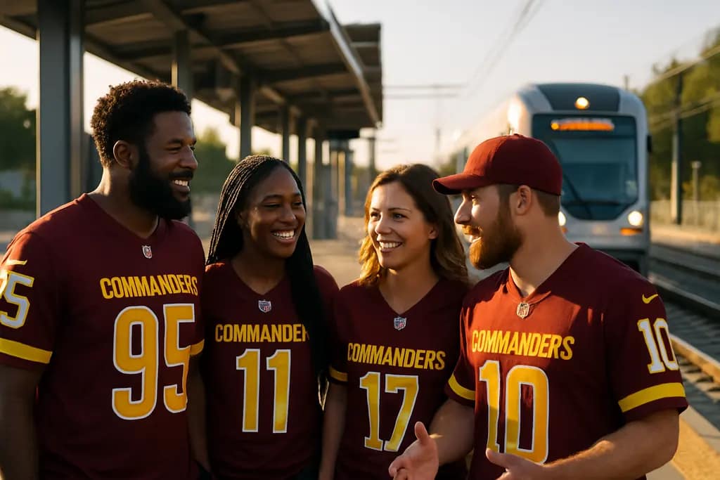 Commanders transit upgrades with fans walking toward a city rail station near a stadium