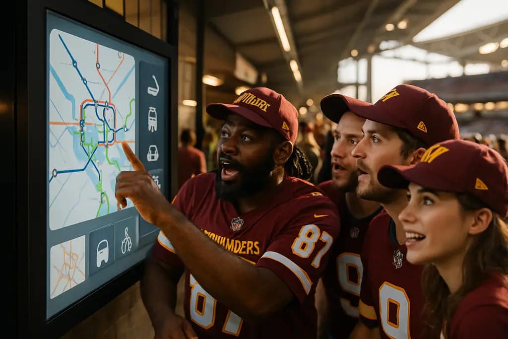Fan Mobility routes near a modern football stadium with transit, bikes, and walking paths