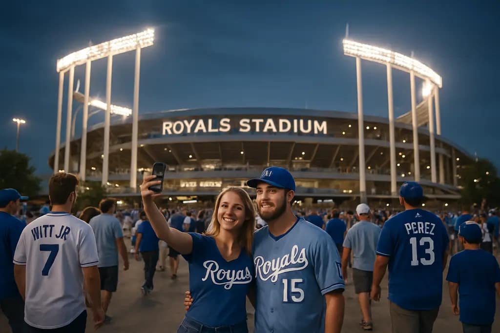 Royals stadium impact view of a downtown ballpark district with fans walking nearby