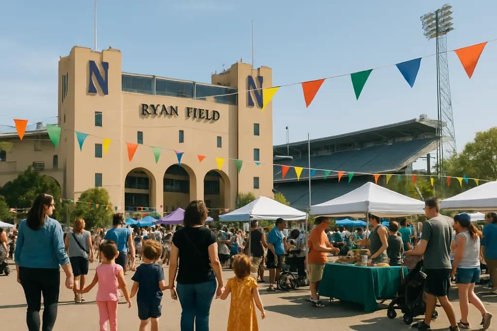 Ryan Field Stadium plazas with fans gathering outside a canopied college football venue