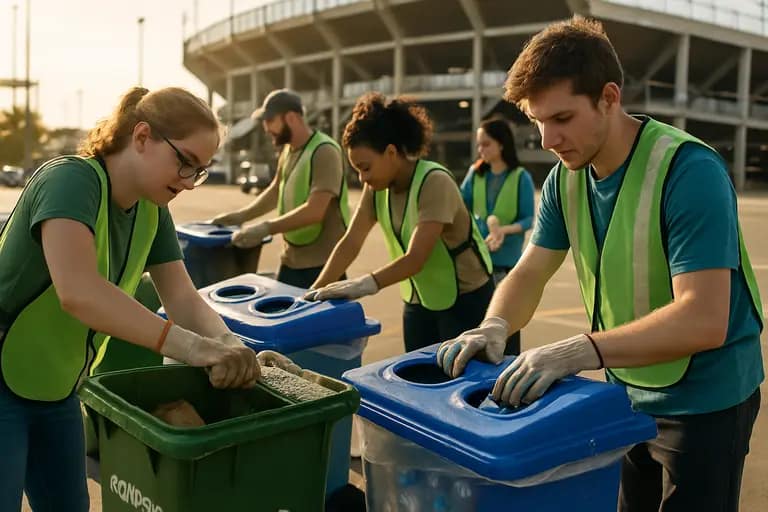 Recycling and compost stations arranged along a clean stadium concourse