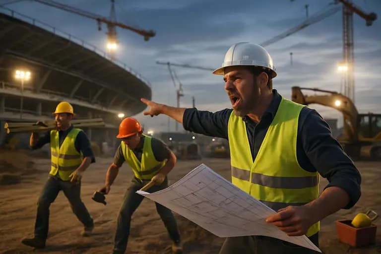 Construction workers reviewing plans at a future baseball stadium site